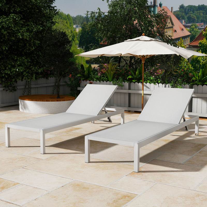 Noble House outdoor patio chaise lounge with five adjustable reclining positions, featuring a cushioned seat and sleek design.