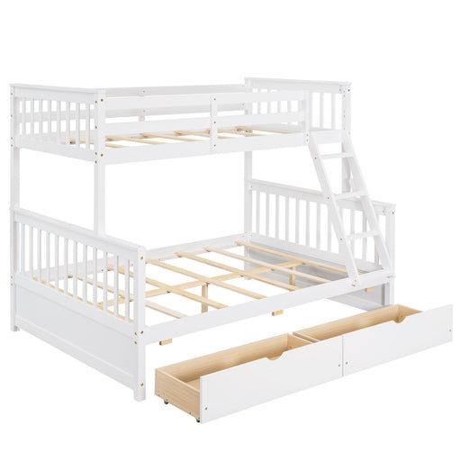DreamHaus bunk bed with ladders and two storage drawers, featuring a sturdy frame and space-saving design for kids' bedrooms.