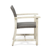 Set of two Noble House outdoor dining chairs with acacia wood frames, featuring slatted seats and backrests for patio use.