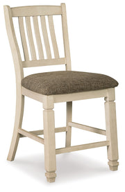 Set of two beige Bolanburg upholstered barstools by Signature Design Ashley®, featuring padded seats and wooden legs.