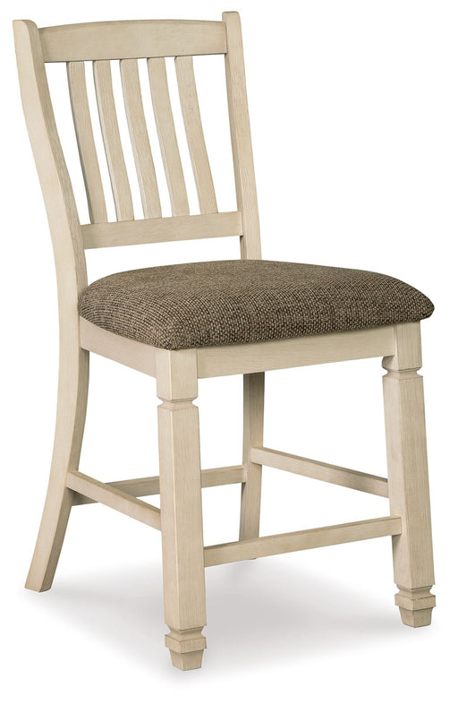 Set of two beige Bolanburg upholstered barstools by Signature Design Ashley®, featuring padded seats and wooden legs.
