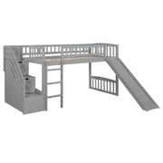 DreamHaus loft stairway bed with two drawers, convertible ladder, and slide, featuring a sturdy wooden frame and playful design.