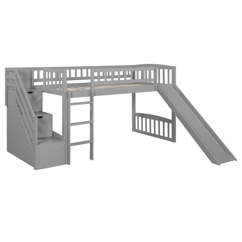 DreamHaus loft stairway bed with two drawers, convertible ladder, and slide, featuring a sturdy wooden frame and playful design.