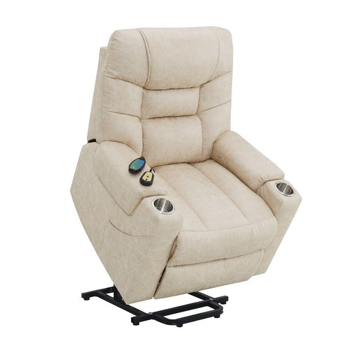 Nairi - Power Recliner With Lift, Heating & Massage - Ivory Polished Microfiber - R&R Furniture Gallery (Fountain Valley, CA)