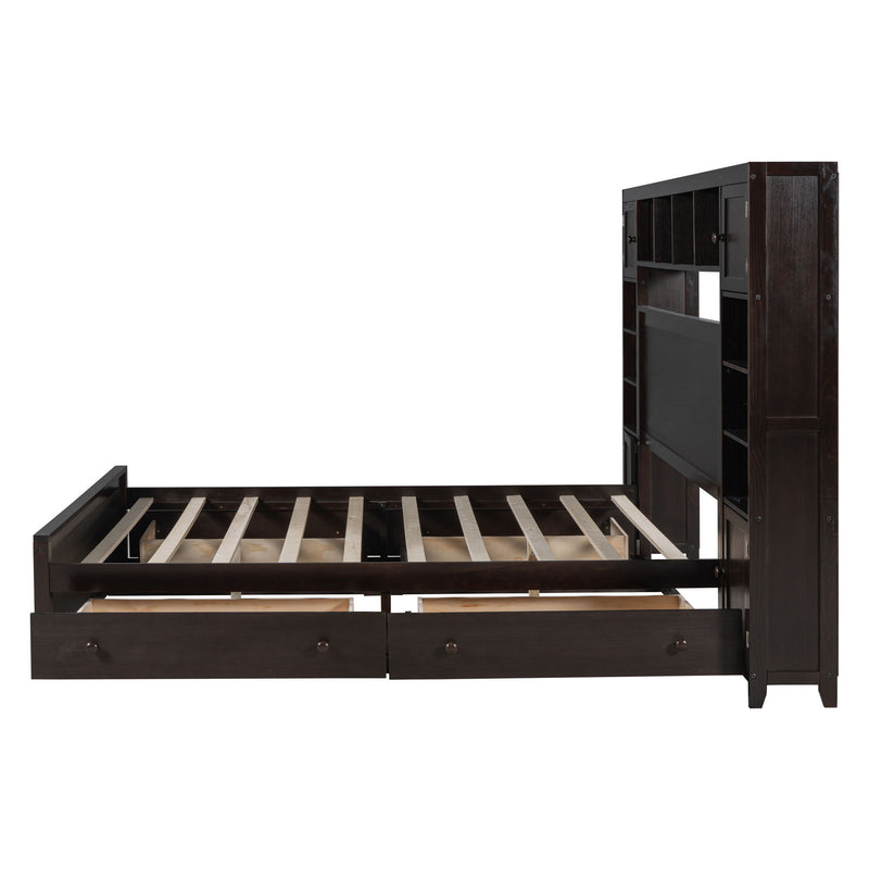 DreamHaus cabinet bed featuring integrated shelf, cabinet storage, and built-in electrical sockets in a modern bedroom setting.