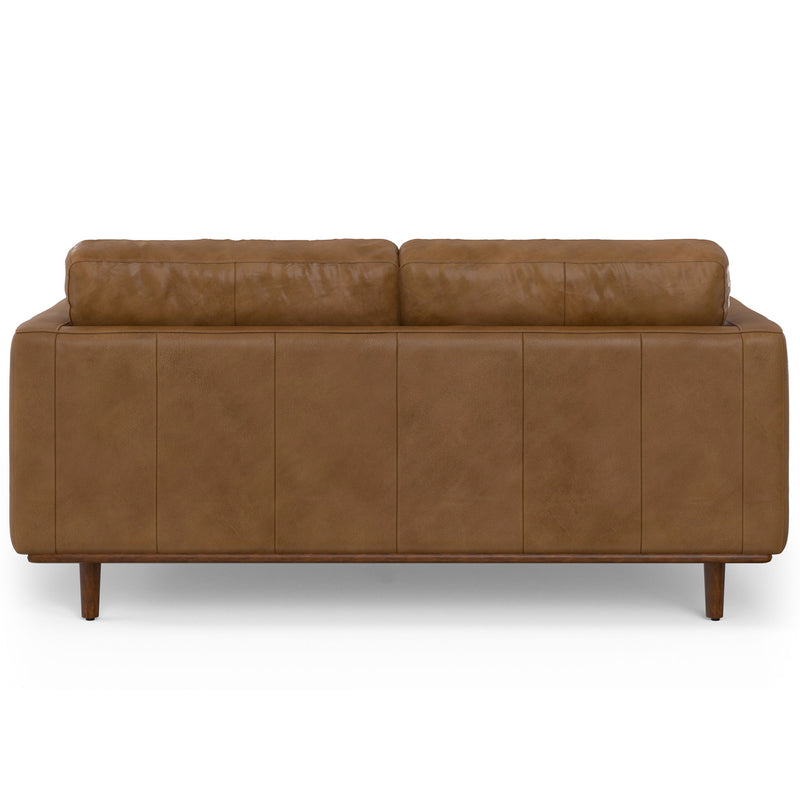 Simpli-Home Morrison upholstered stationary sofa with plush fabric and cushioned armrests, in a modern living room setting.