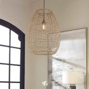 Beige Cross-Weave 1 Light Pendant by Uttermost, modern pendant lighting with a woven cross design, hanging from a ceiling.