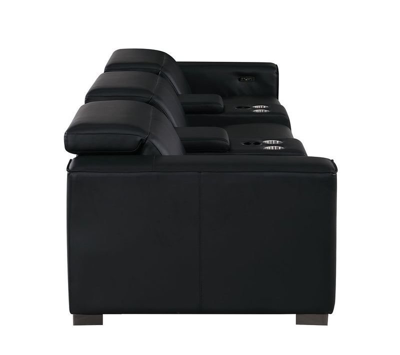 1208 - Leather Sofa With 3 Power Recliners And Two Storage Consoles