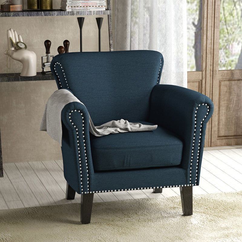 Noble House elegant club arm chair with nailhead trim, birch wood legs, upholstered in neutral fabric, stylish and comfortable.