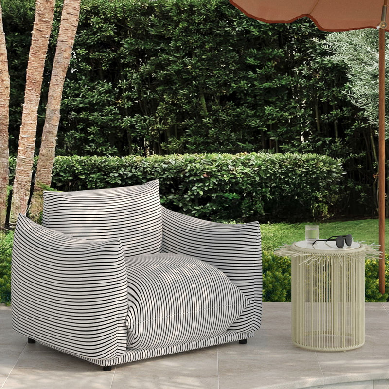 TOV Furniture Rafa outdoor side table with round wooden top and black metal legs, ideal for patio or garden decor.