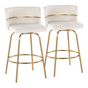 Set of two Lumi Source Cinch Glam Art Deco counter stools with swivel, fixed height, round footrest, and plush upholstered seats.