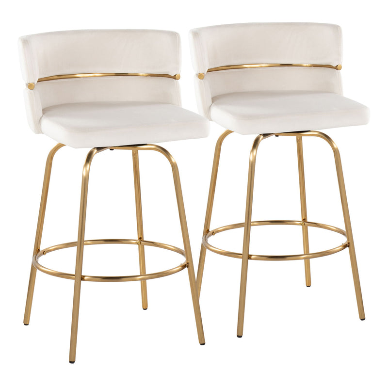 Set of two Lumi Source Cinch Glam Art Deco counter stools with swivel, fixed height, round footrest, and plush upholstered seats.