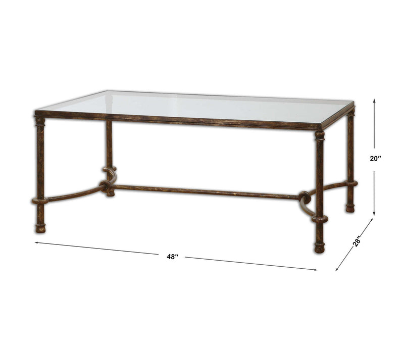 Uttermost Warring iron coffee table with a round top and sleek metal frame, modern style for living room decor.