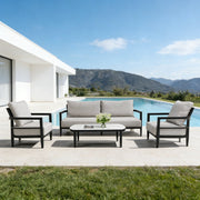 Life Outside 4-piece outdoor conversation set with chairs, bench sofa, tables, and Sunbrella cushions for patio relaxation.