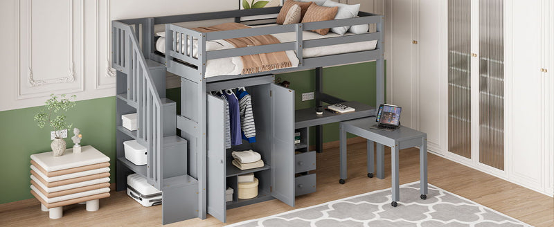 Loft Bed With Stairs, Bookshelf, Drawers, Desk & Wardrobe, Space Saving Multifunctional Furniture - R&R Furniture Gallery (Fountain Valley, CA)