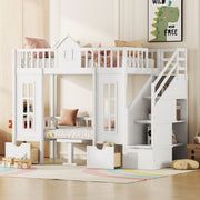 DreamHaus twin over twin bunk bed with changeable table, featuring a convertible upper bed and a lower desk for versatile use.