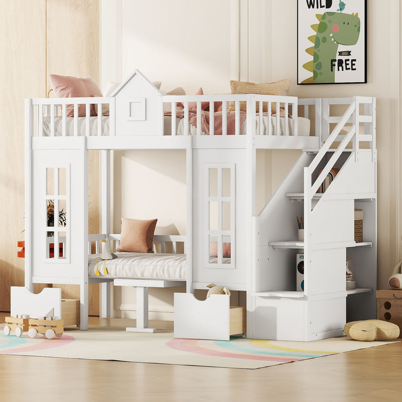 DreamHaus twin over twin bunk bed with changeable table, featuring a convertible upper bed and a lower desk for versatile use.