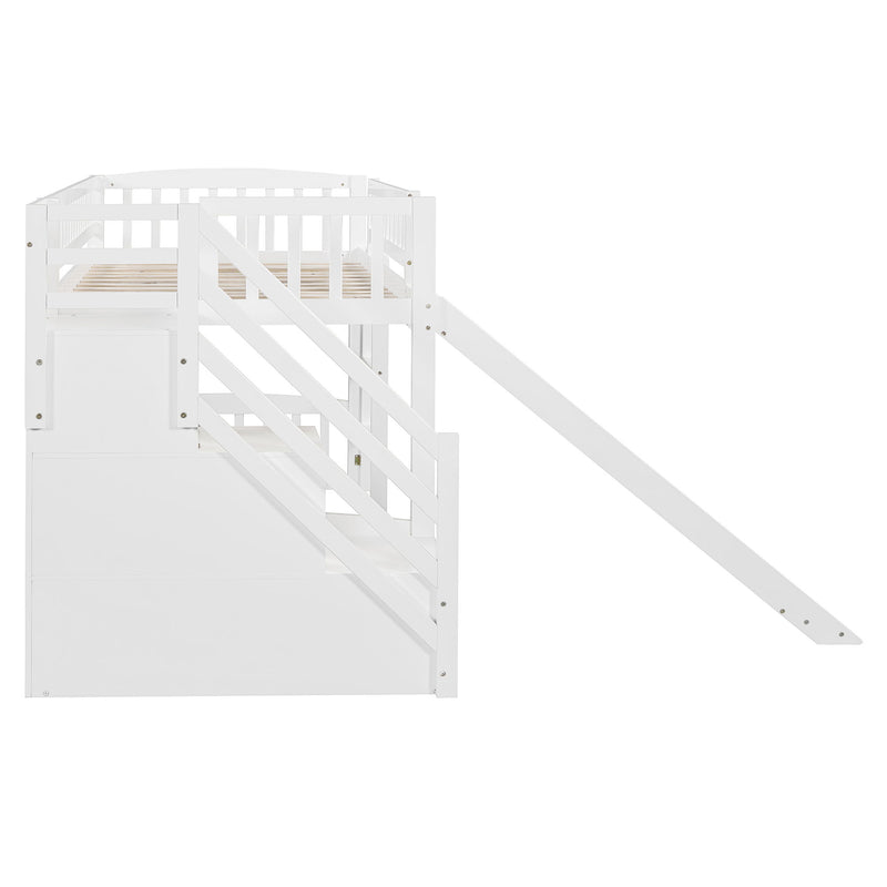 DreamHaus loft stairway bed with two drawers, convertible ladder, and slide, featuring a modern wooden frame and playful design.
