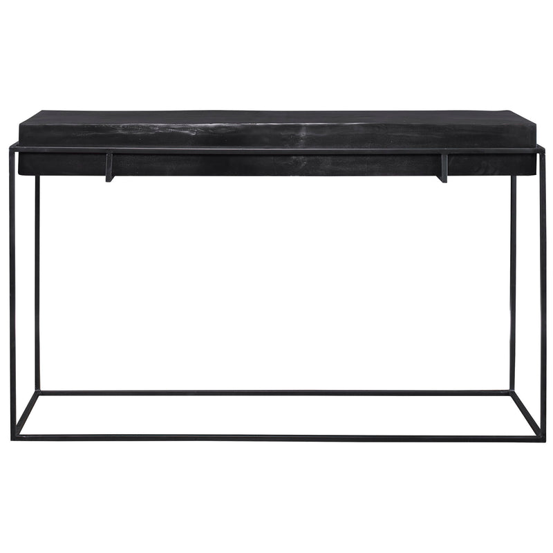 Modern Uttermost Telone console table with sleek metal frame and glass top, ideal for contemporary living spaces.