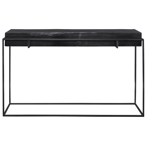Modern Uttermost Telone console table with sleek metal frame and glass top, ideal for contemporary living spaces.