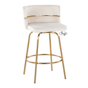 Lumi Source Cinch Glam Art Deco fixed height counter stools with swivel and round footrest, set of 2, featuring stylish upholstery.
