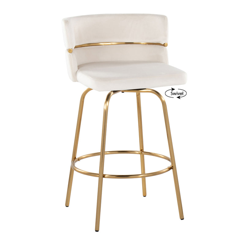 Lumi Source Cinch Glam Art Deco fixed height counter stools with swivel and round footrest, set of 2, featuring stylish upholstery.