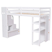 DreamHaus loft bed with built-in storage drawers, stairs with shelves, and a sturdy wooden frame for space-saving bedroom design.