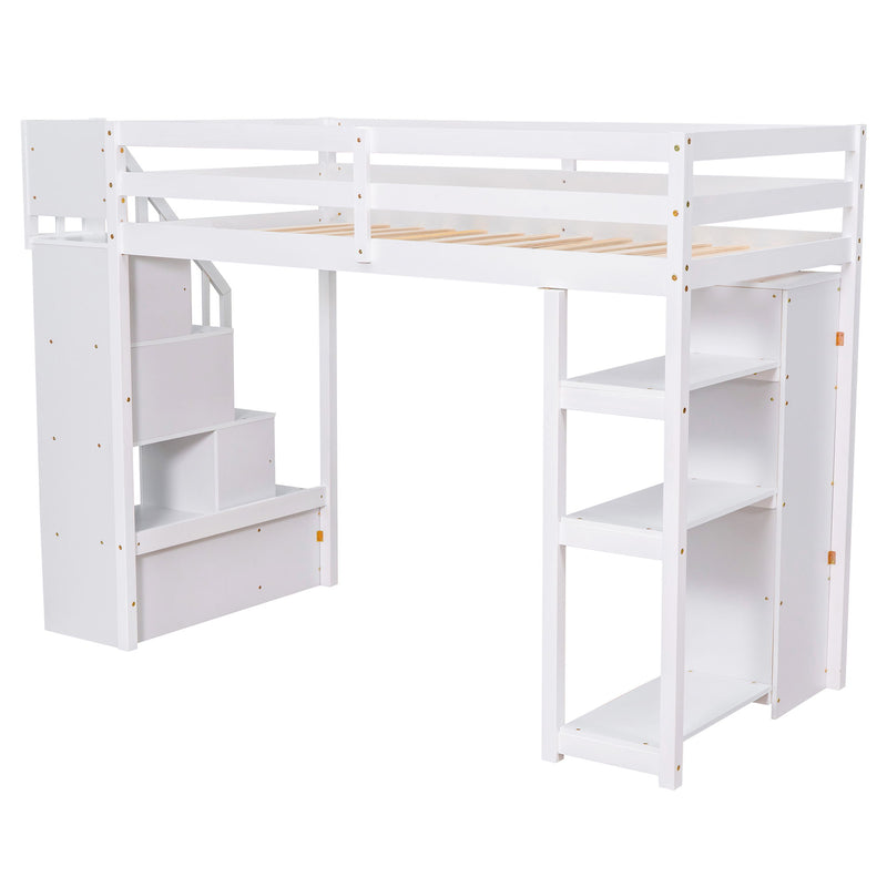 DreamHaus loft bed with built-in storage drawers, stairs with shelves, and a sturdy wooden frame for space-saving bedroom design.