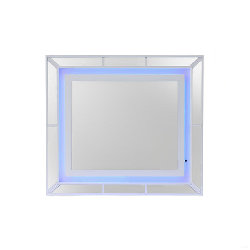 White Hollywood Hills mirror by Glory Furniture, modern rectangular mirror with sleek frame, ideal for contemporary wall decor.