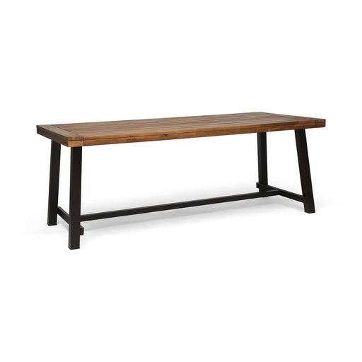 Noble House Equilibrium outdoor dining table with wooden frame and slat top, ideal for patio or garden dining spaces.