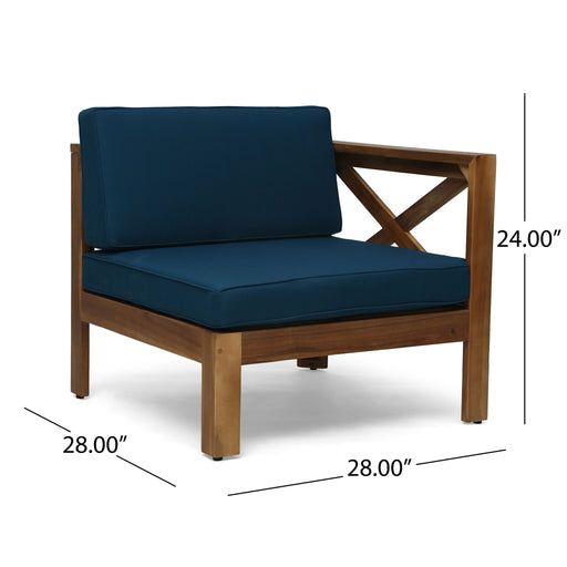 Noble House Radiat 5-piece outdoor L-shaped sofa set with teak finish, water-resistant cushions, and coffee table for patio seating.
