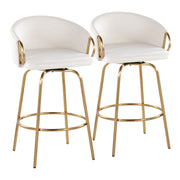 Pair of Lumi Source Claire contemporary and glam counter stools with sleek metal legs and plush upholstered seats.