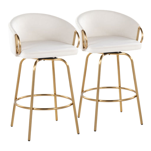 Pair of Lumi Source Claire contemporary and glam counter stools with sleek metal legs and plush upholstered seats.
