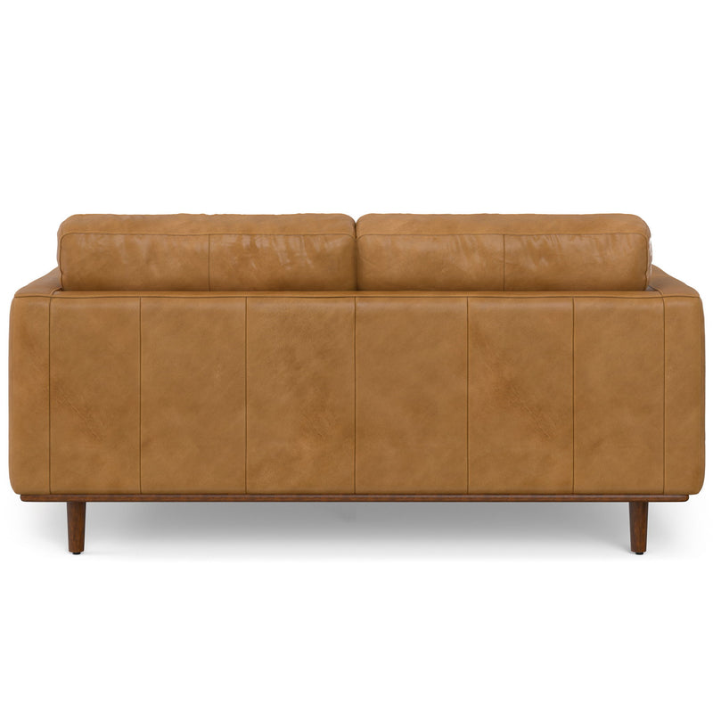 Simpli-Home Morrison upholstered stationary sofa with plush cushions and neutral fabric, ideal for modern living room decor.