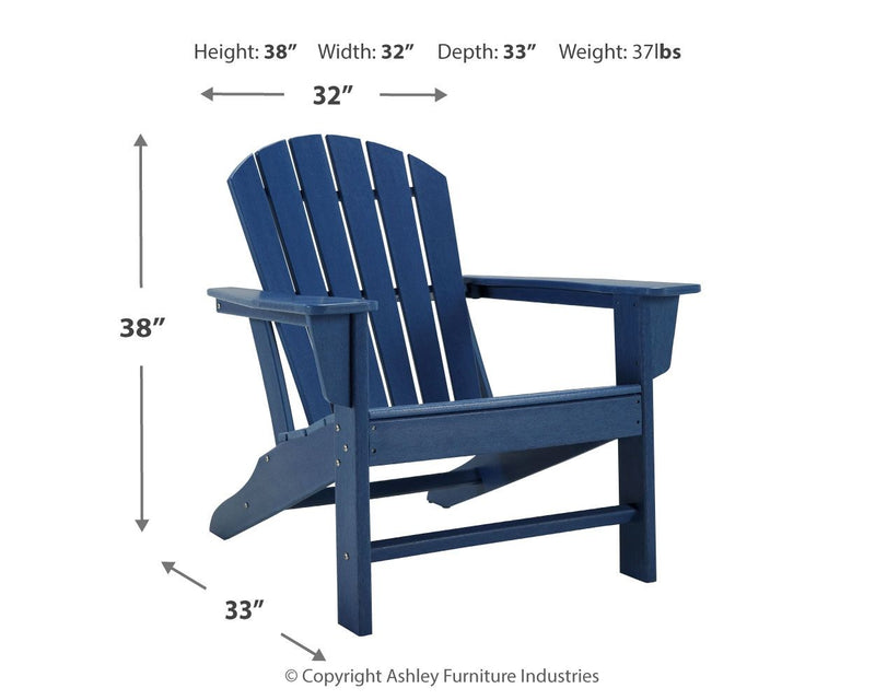 Signature Design by Ashley Sundown Treasure outdoor Adirondack arm chair with wide armrests and rustic wood finish in a garden setting