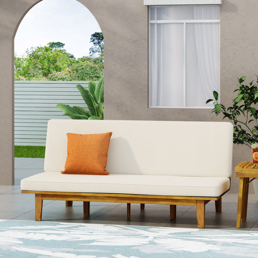 Beige outdoor Noble House daybed with convertible design, cushioned frame, perfect for garden or patio lounging.