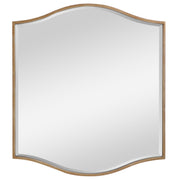Gold wall mirror by Uttermost with a cerise-colored frame, featuring a reflective glass surface and a sleek, modern design.