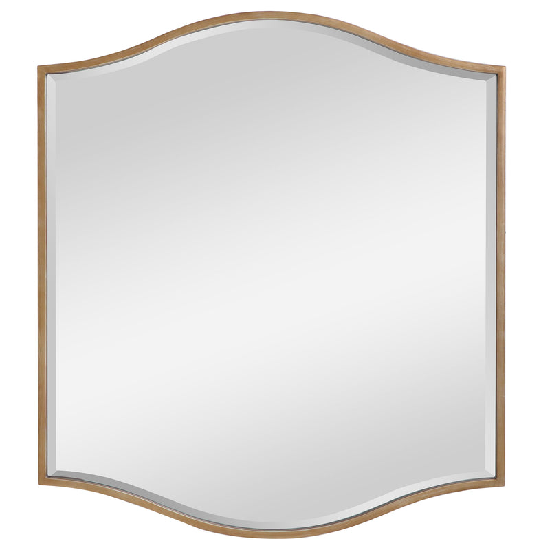 Gold wall mirror by Uttermost with a cerise-colored frame, featuring a reflective glass surface and a sleek, modern design.
