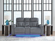 Studio Cave - Power Reclining Loveseat with Console - Steel - R&R Furniture Gallery (Fountain Valley, CA)