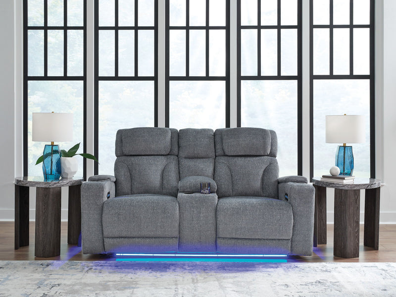 Studio Cave - Power Reclining Loveseat with Console - Steel - R&R Furniture Gallery (Fountain Valley, CA)