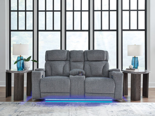 Studio Cave - Power Reclining Loveseat with Console - Steel - R&R Furniture Gallery (Fountain Valley, CA)