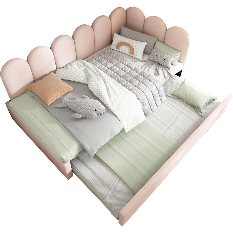 Artistry At Home upholstered daybed with a metal slatted base, featuring a plush, padded fabric for comfortable lounging and sleeping.