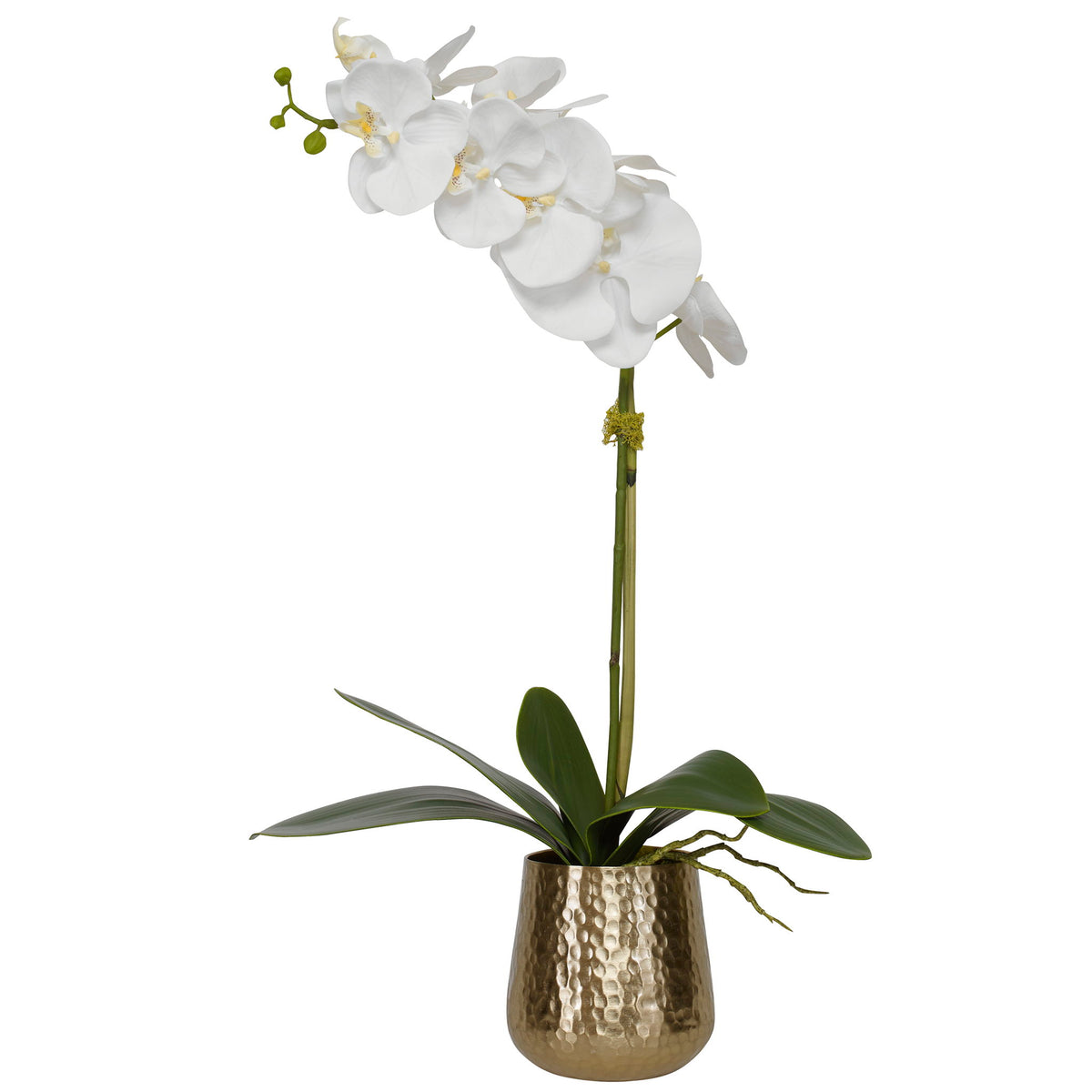 White orchid in brass pot planter by Uttermost, featuring a realistic floral arrangement in a stylish decorative container.