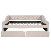 DreamHaus upholstered storage daybed with wood slat support and two drawers, featuring a comfortable padded headboard and sleek design.