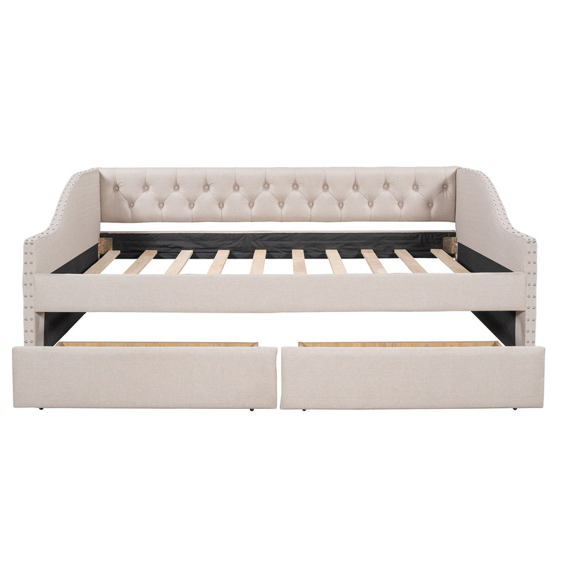 DreamHaus upholstered storage daybed with wood slat support and two drawers, featuring a comfortable padded headboard and sleek design.