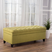 Noble House Juliana storage ottoman with birch legs, upholstered in neutral fabric, showing a spacious interior for storage.