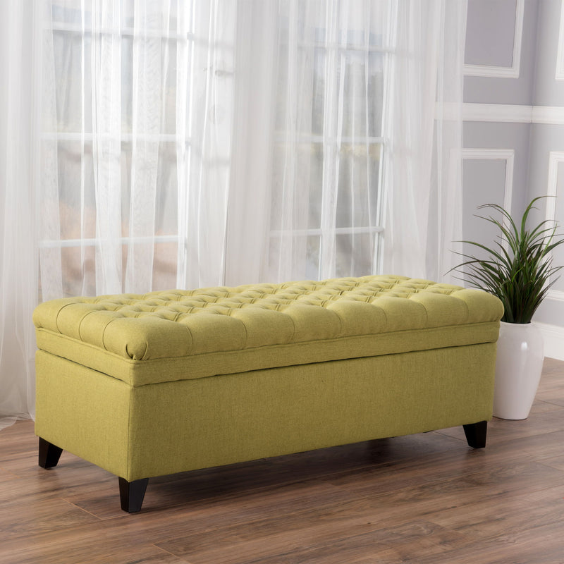Noble House Juliana storage ottoman with birch legs, upholstered in neutral fabric, showing a spacious interior for storage.