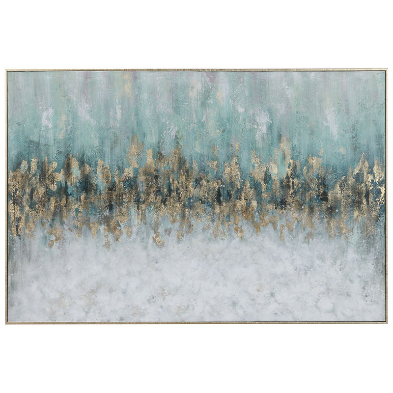 Uttermost Divide hand-painted canvas art featuring abstract blue design, displayed on a wall.