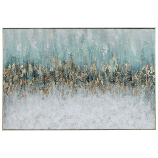 Uttermost Divide hand-painted canvas art featuring abstract blue design, displayed on a wall.