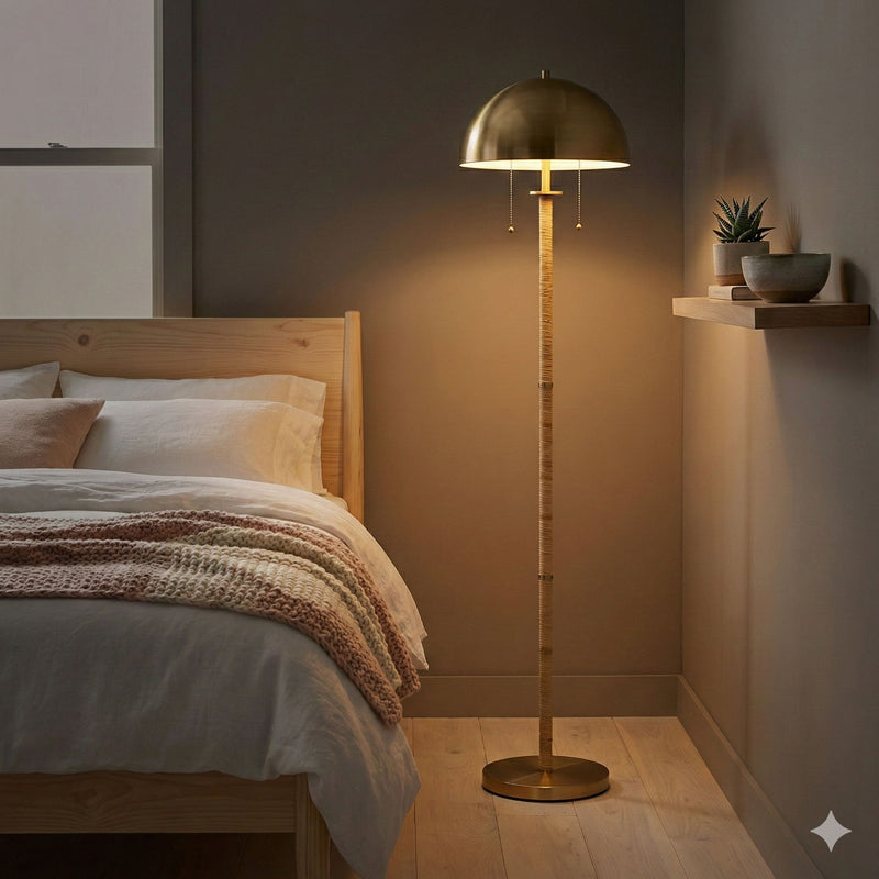Allure - 2 Light Floor Lamp, Gold, Natural Tube, Double On / Off Pull Chain - Gold / Rattan - R&R Furniture Gallery (Fountain Valley, CA)